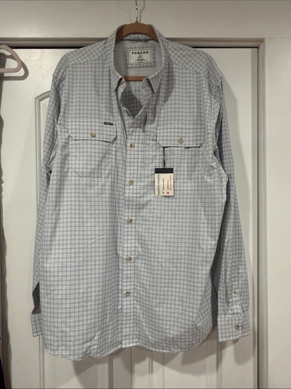 Poncho Men's Light Gray Plaid Long-Sleeve Button-Down Shirt XXL